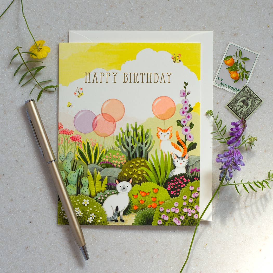 Cats in Garden Birthday Greeting Card