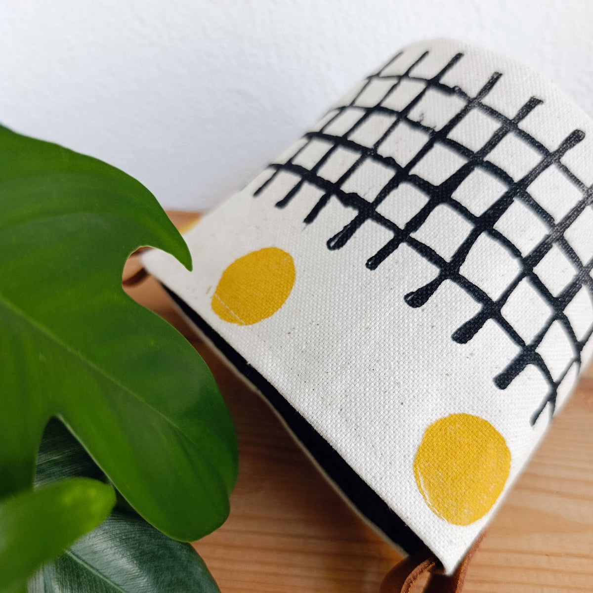 Black & Mustard Canvas Planter Cover, Grid Print Planter