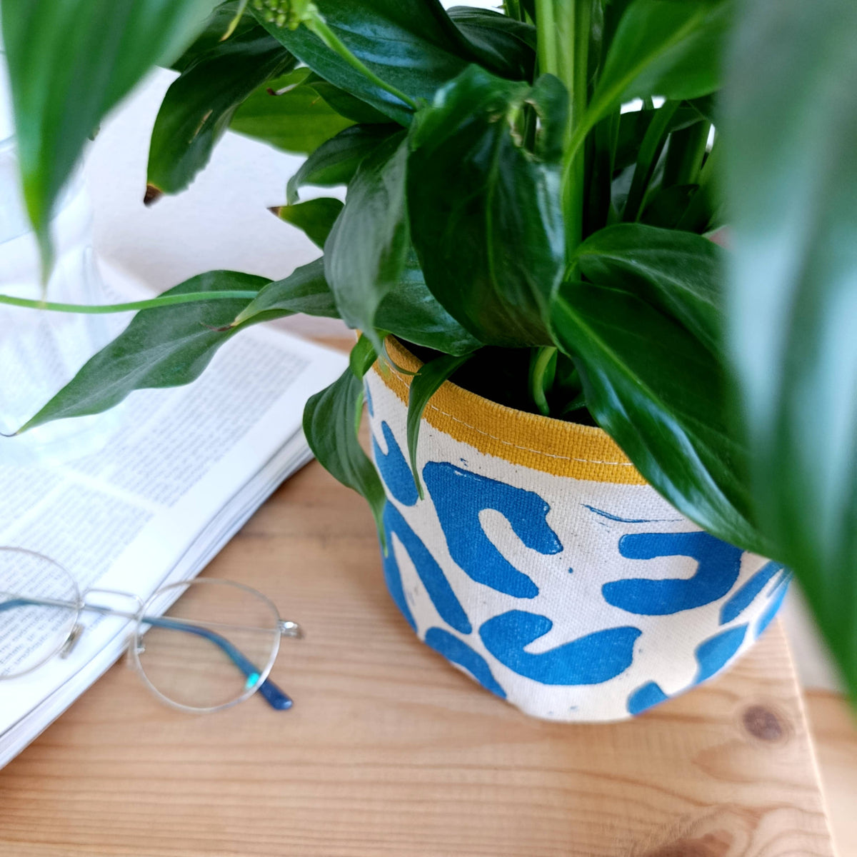 Blue Abstract Plant Pot Cover, Canvas Planter Basket