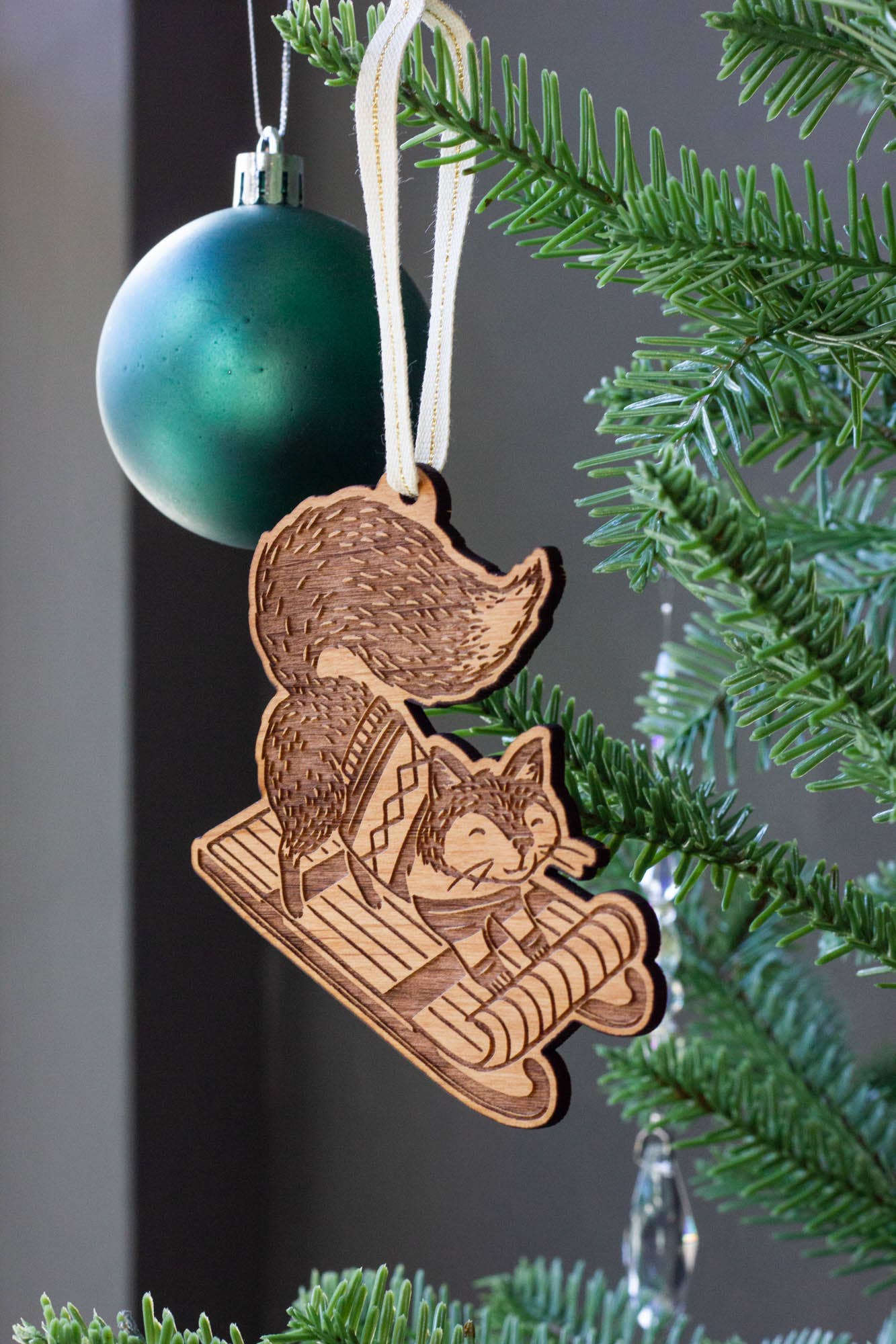 Sledding Fox Wood Ornament