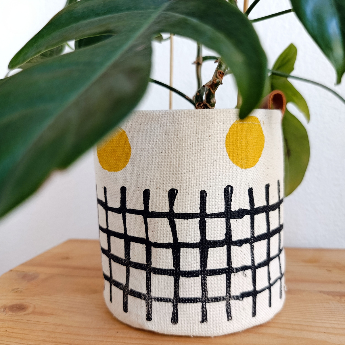 Black & Mustard Canvas Planter Cover, Grid Print Planter