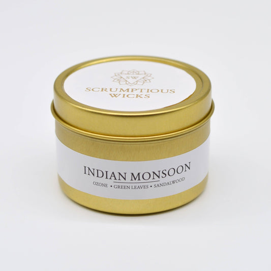 Indian Monsoon 3.5oz soy/coconut wax gold tin candle