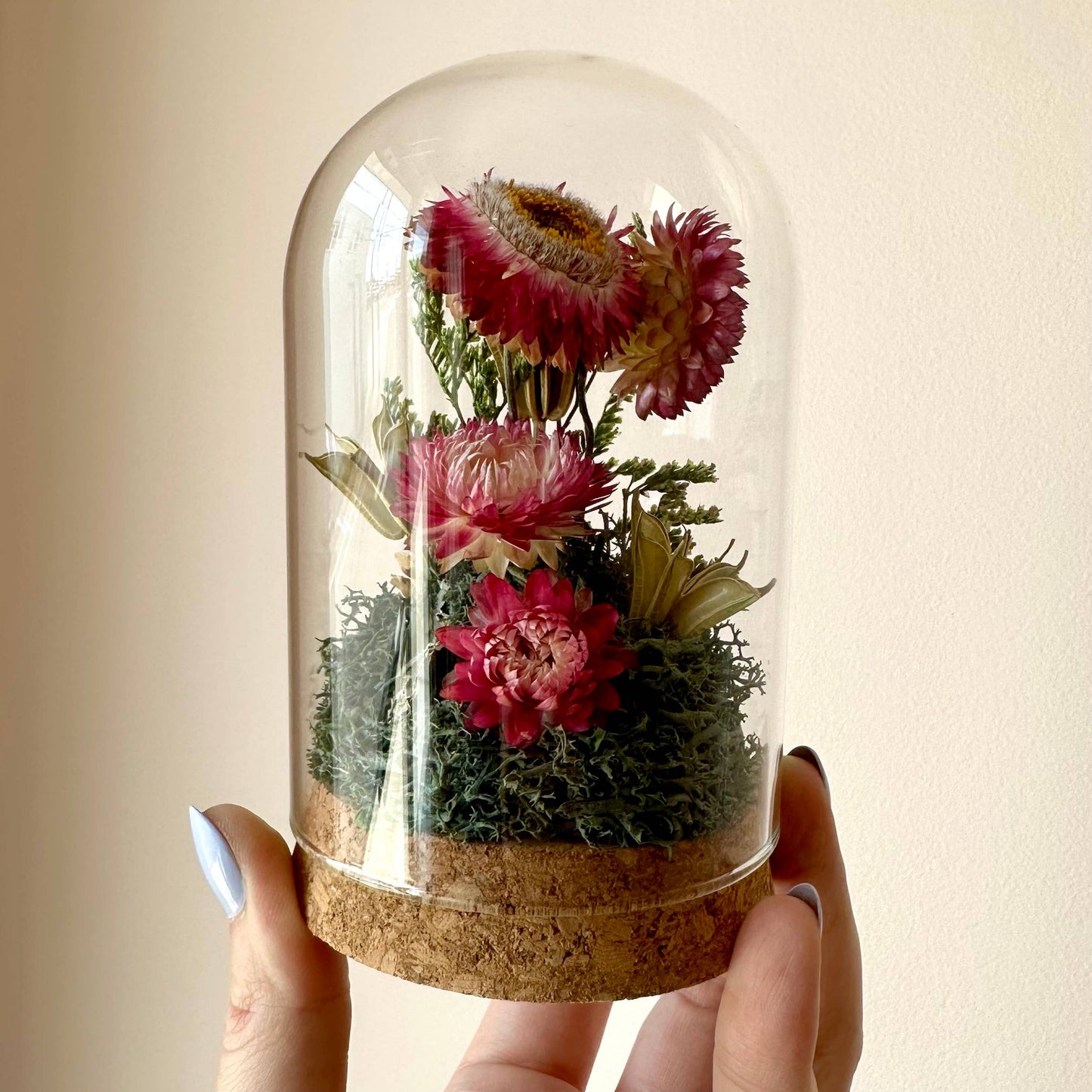 Pink Strawflower Fields Large Terrarium Glass Jar w. Florals