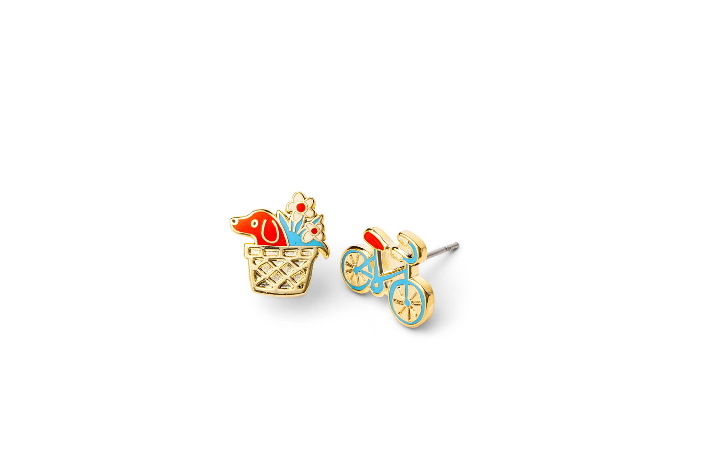 Bicycle & Dog Basket Stud Earrings - 22K Gold Plated