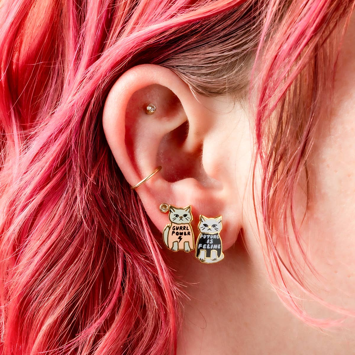 Girl Power Earrings - Gold Cat Statement Studs