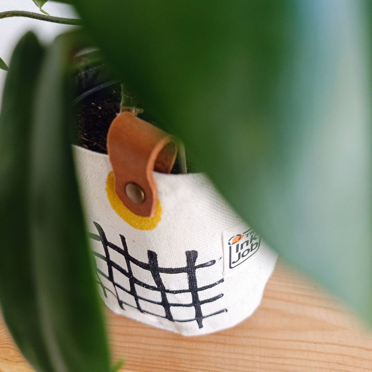 Black & Mustard Canvas Planter Cover, Grid Print Planter