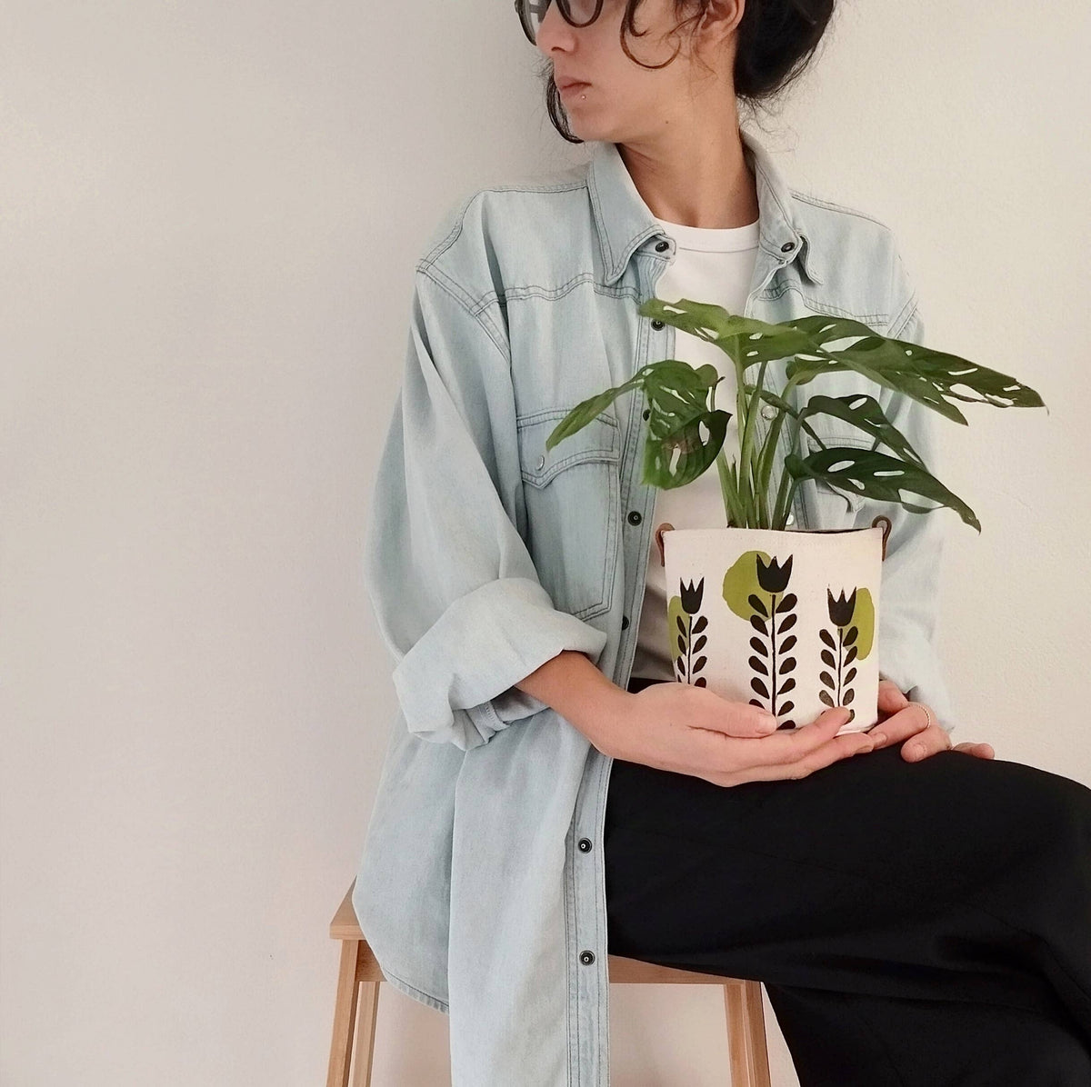 Scandinavian Plant Pot Cover, Hand Painted Canvas Planter