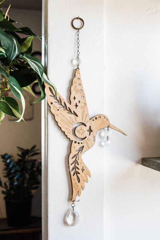Humming Bird Wooden Hanging Suncatcher w/ Crystal Prisms