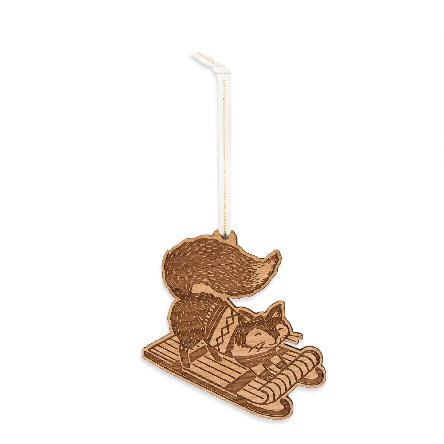 Sledding Fox Wood Ornament