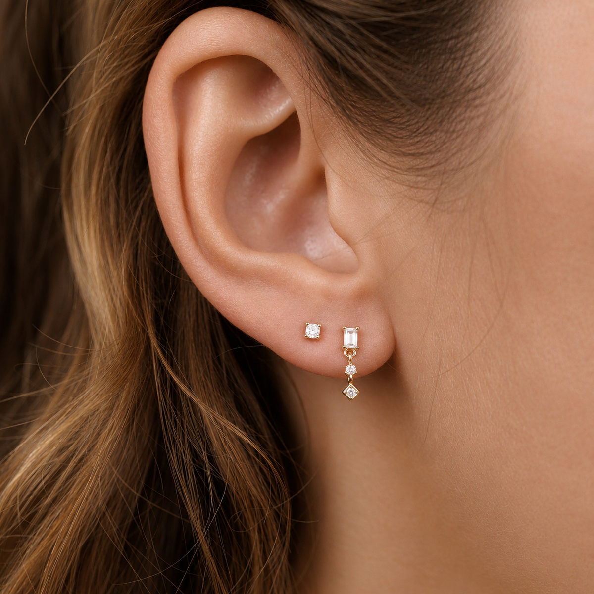 Mini Baguette Drop Earrings - White