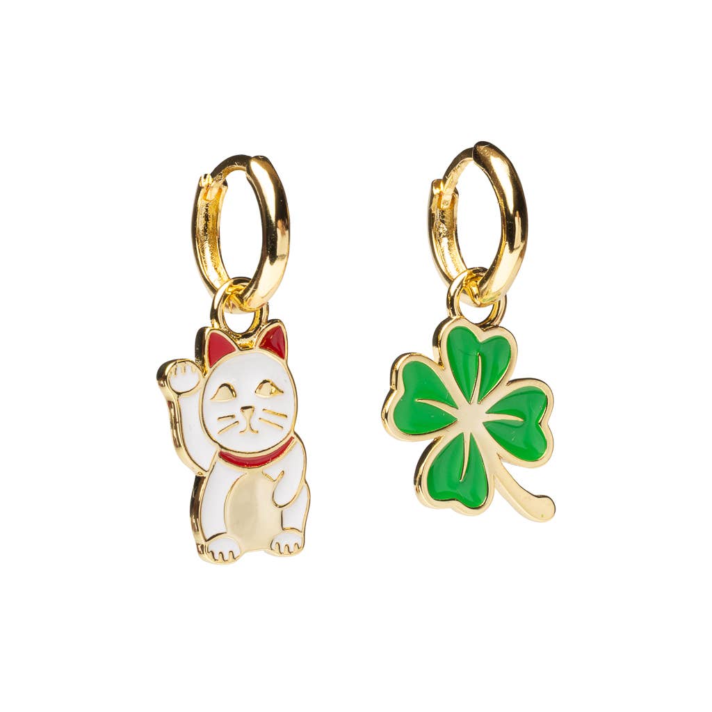 Hoop Earrings - Lucky Cat & Clover - Gold Shamrock