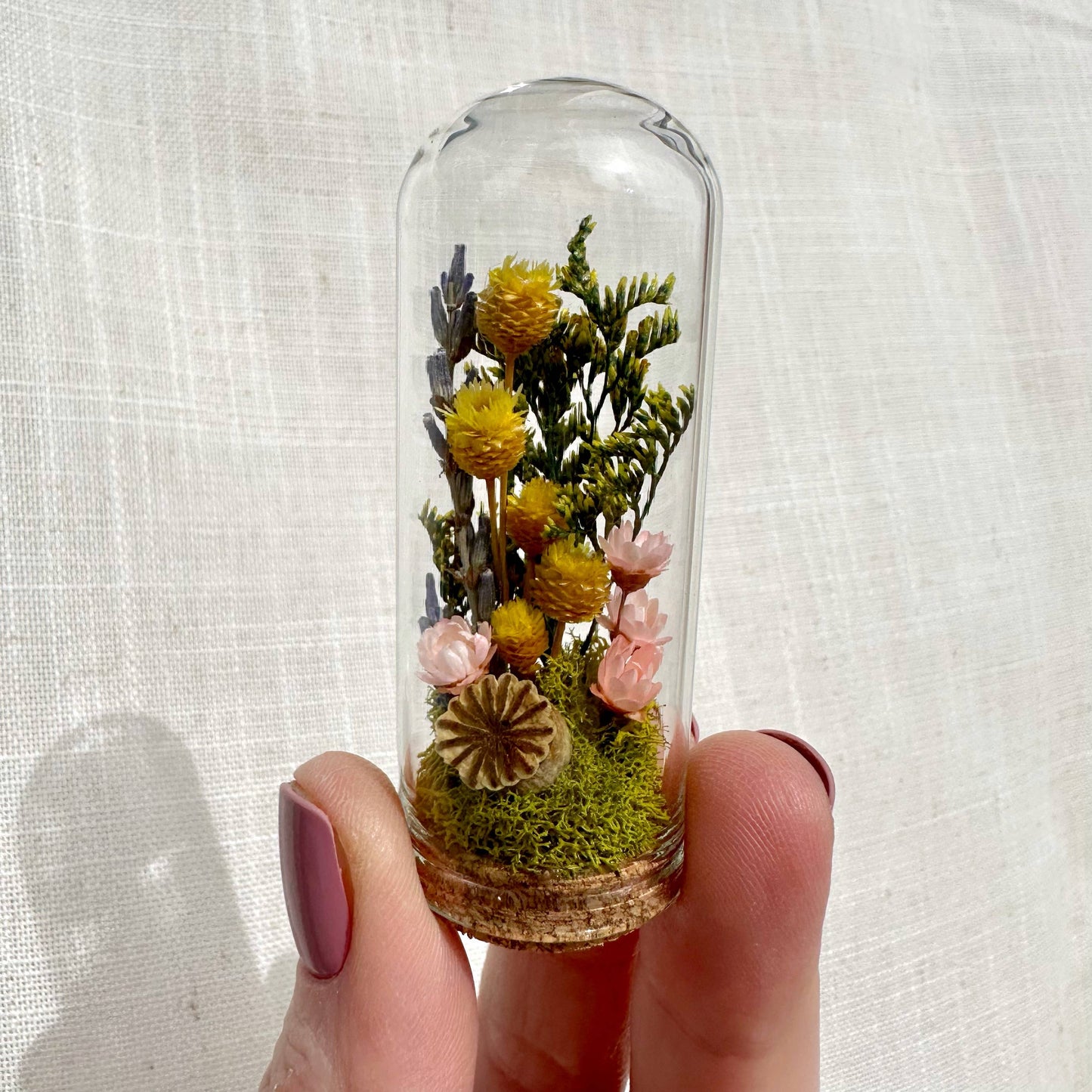 Cottage Garden Mini Terrarium w. Dried Florals Glass Cloche 