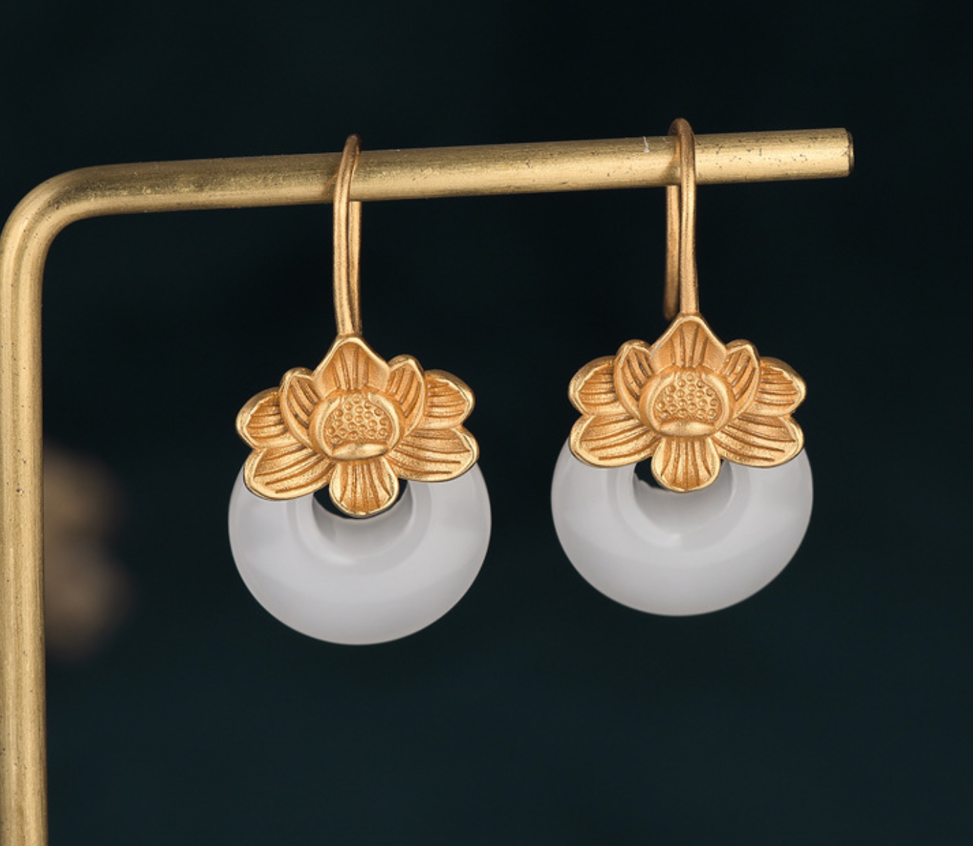 Big Golden Lotus over Jade Stud Earrings