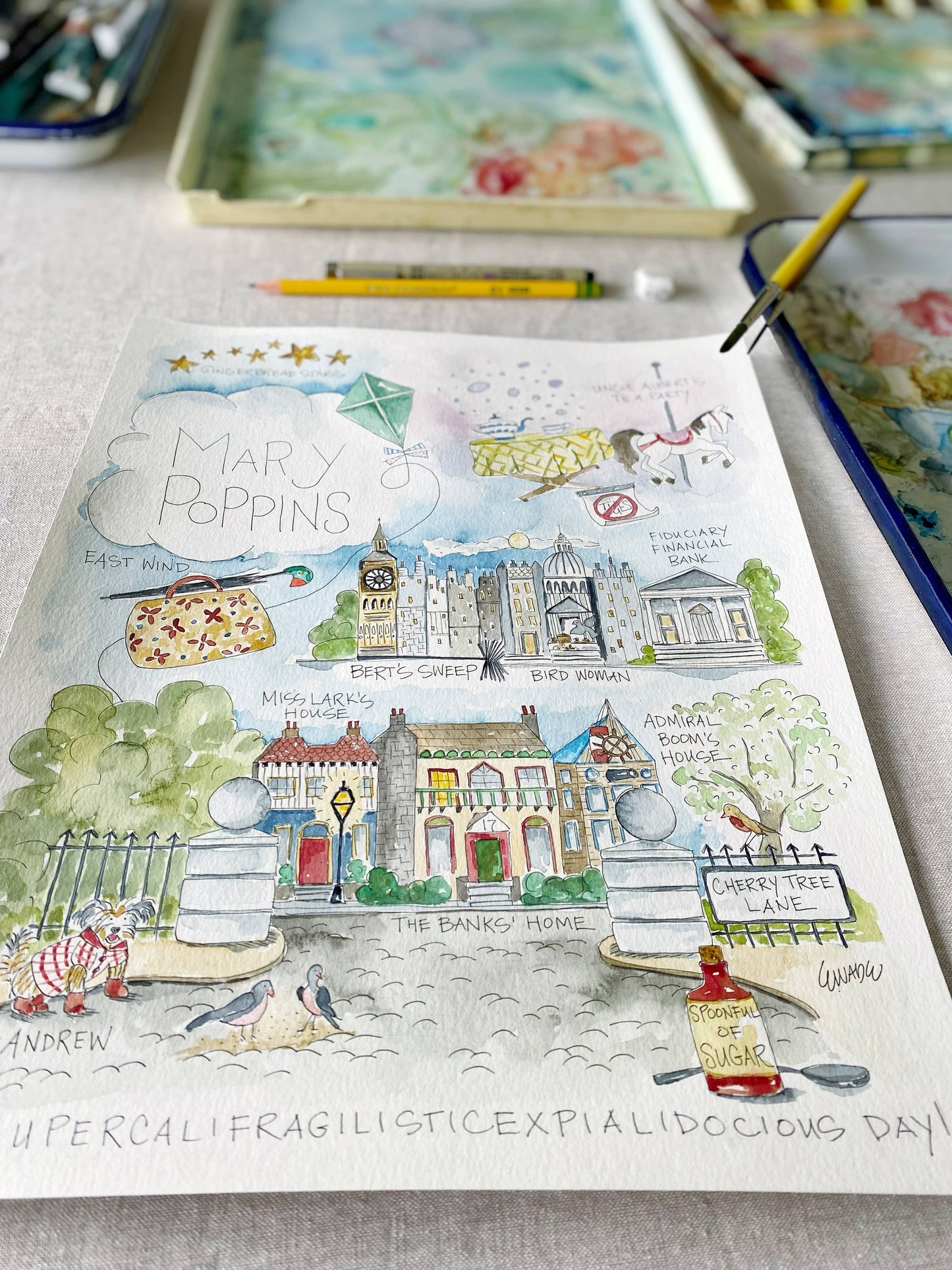 Mary Poppins Watercolor Story Map Print