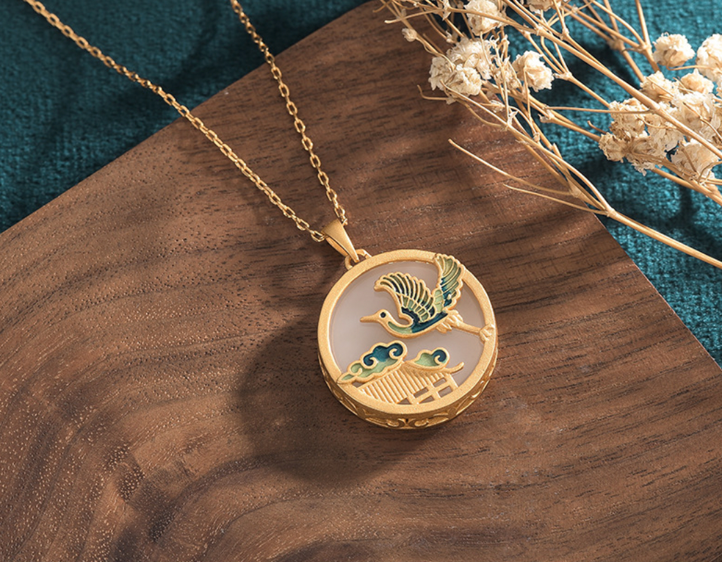 Enamel Crane Flying Necklace