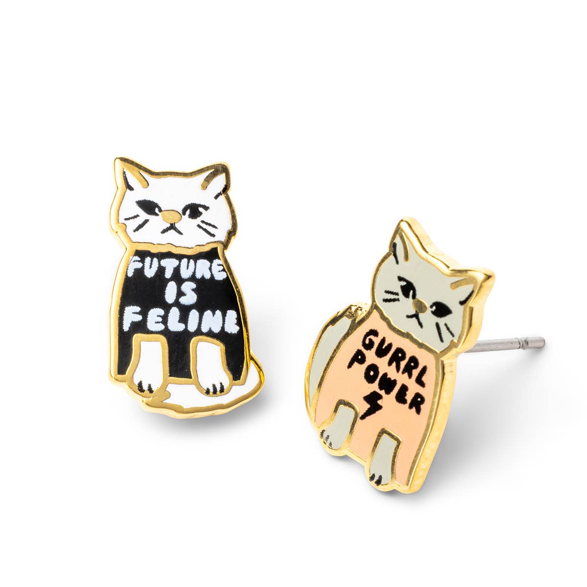 Girl Power Earrings - Gold Cat Statement Studs