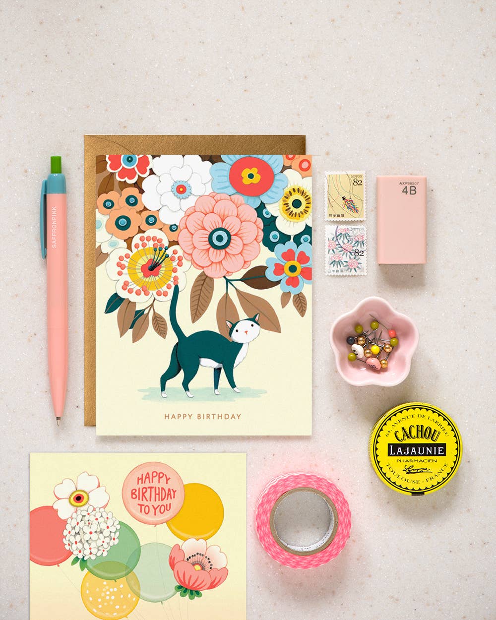 Floral Kitty Birthday Greeting Card