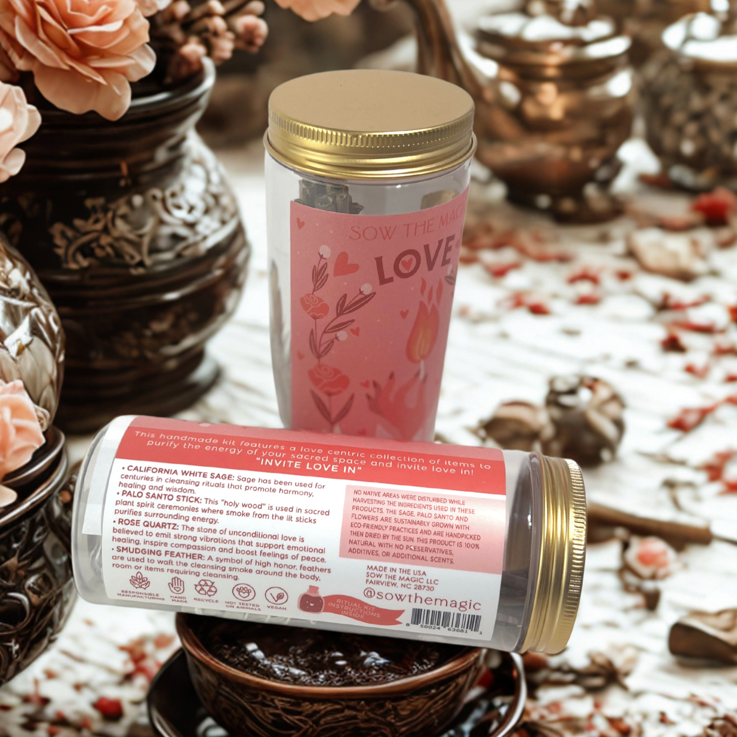 Love Ritual Kit Jar with Rose Quartz, Palo Santo + Sage