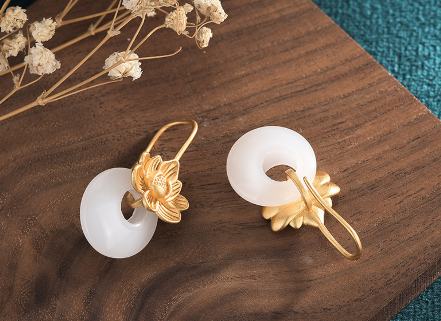 Big Golden Lotus over Jade Stud Earrings