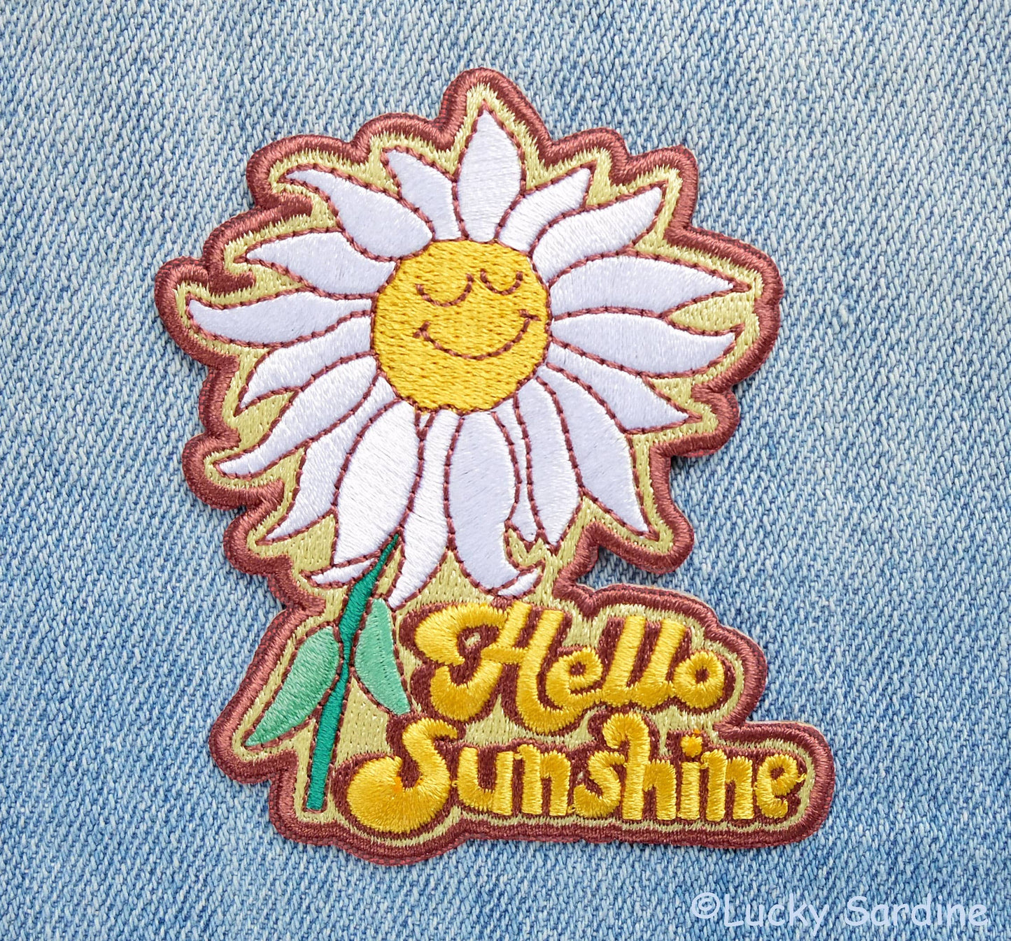 Hello Sunshine Daisy Flower, Retro Embroidered Iron-On Patch