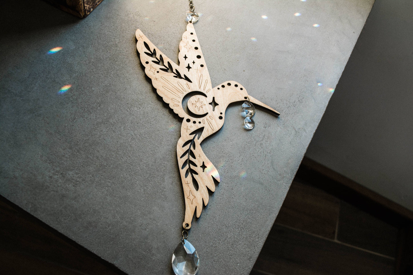 Humming Bird Wooden Hanging Suncatcher w/ Crystal Prisms