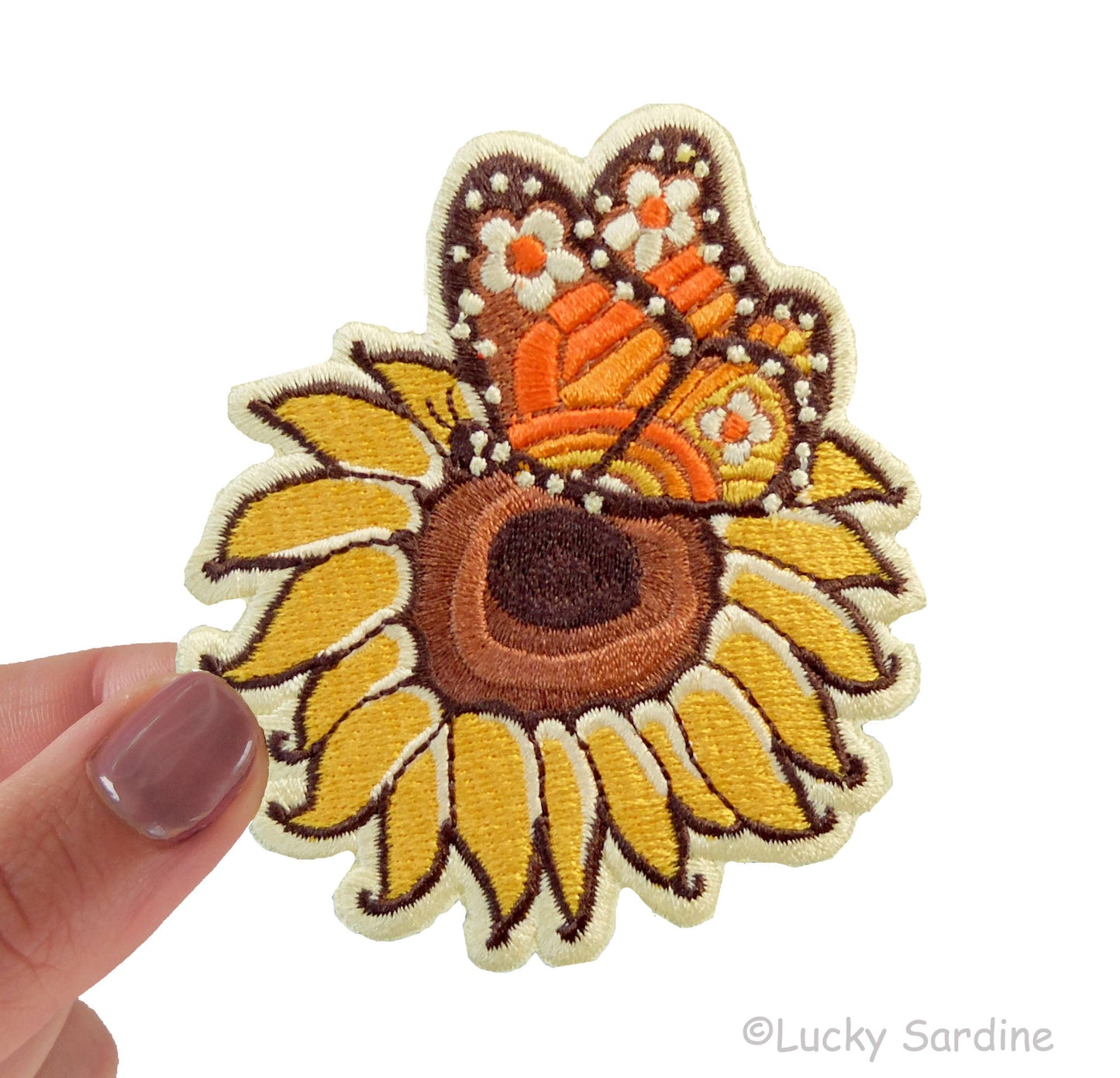 Sunflower & Monarch Butterfly, Retro Hippie Iron-On Patch