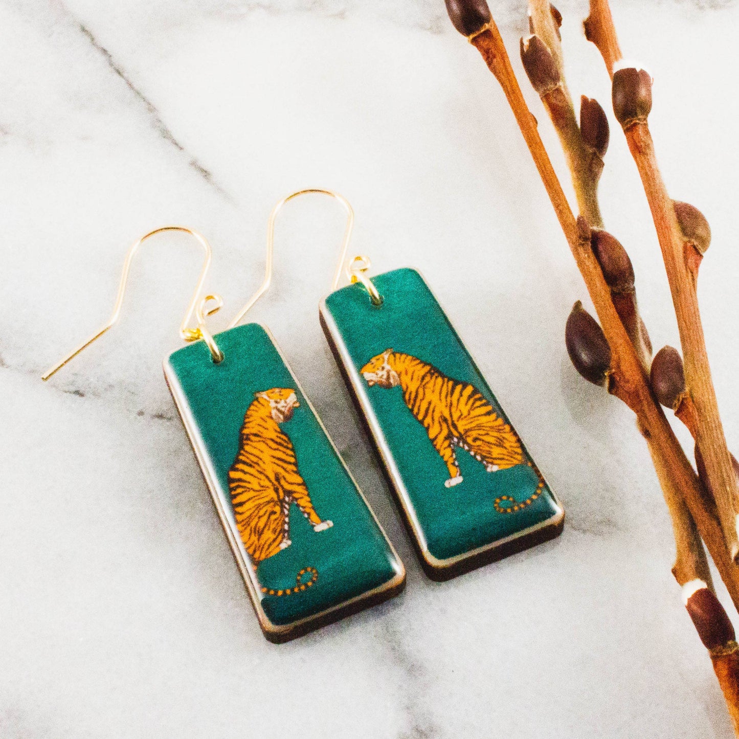 Emerald Green Tiger Tapered Rectangle Earrings