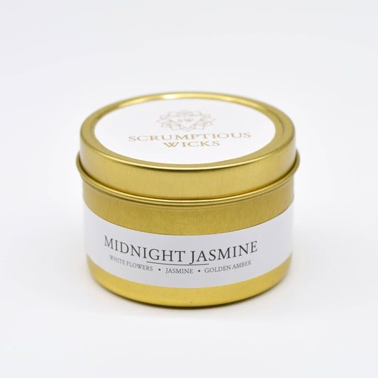 Midnight Jasmine 3.5oz soy/coconut wax gold tin candle
