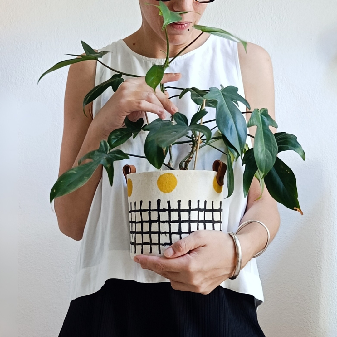 Black & Mustard Canvas Planter Cover, Grid Print Planter