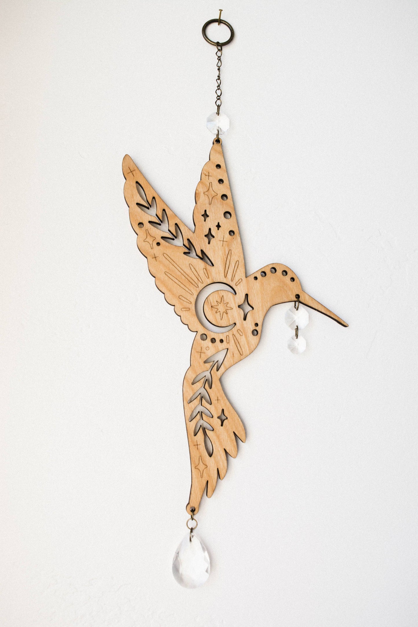 Humming Bird Wooden Hanging Suncatcher w/ Crystal Prisms