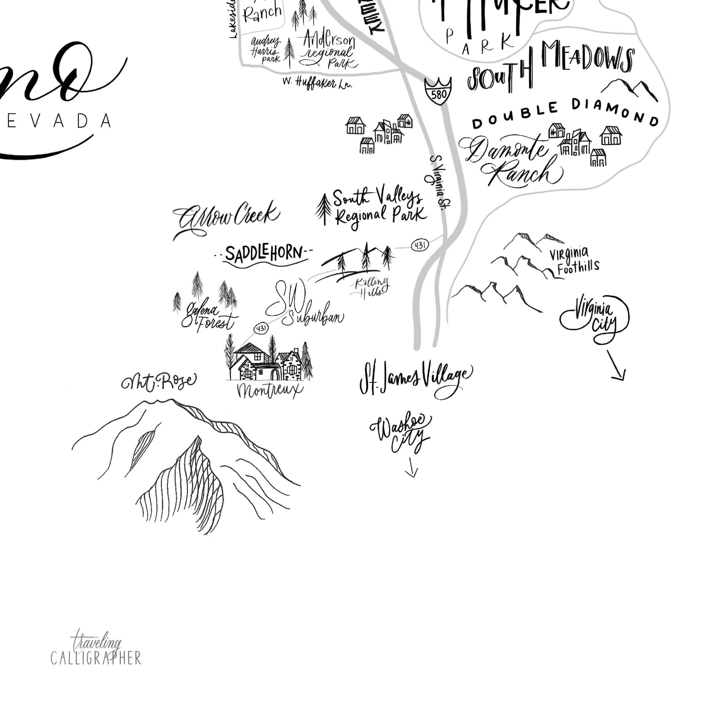 Reno, NV Neighborhood Map Print (3 sizes available)