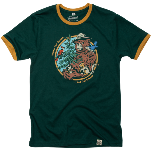 Smokey's Friends Ringer Tee: Spruce/Goldenrod, M