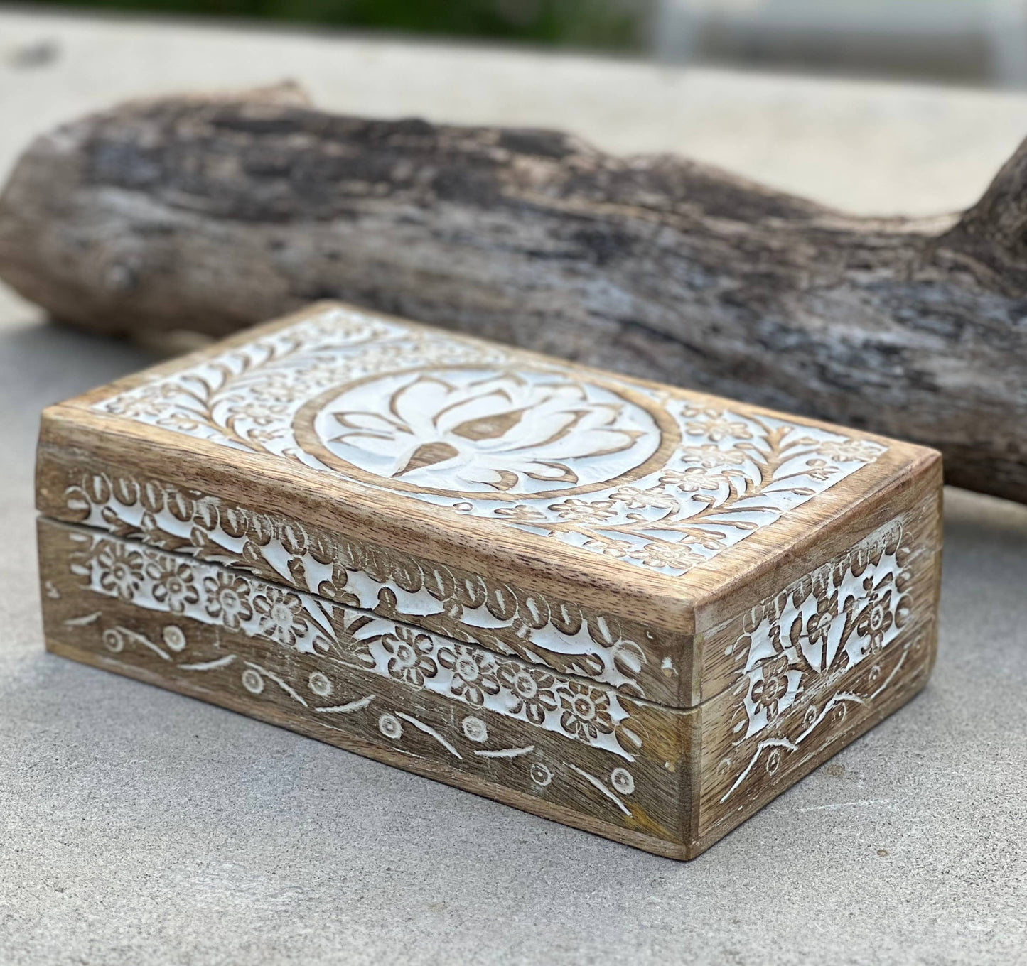 Hand Carved Lotus Wooden Box Keepsake Jewelry Watch Storage: Natural