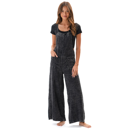 Vintage Black Cotton Nomad Jumpsuit with Adjustable Straps: Petite S