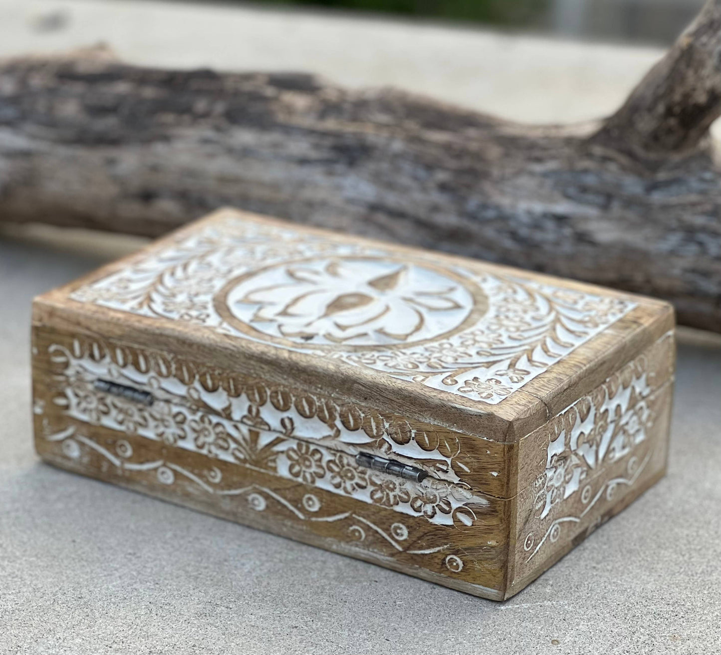 Hand Carved Lotus Wooden Box Keepsake Jewelry Watch Storage: Natural