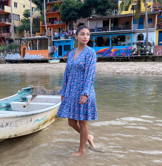 Block Printed Cotton Ruffle Sleeve Dress (Avni): S/M